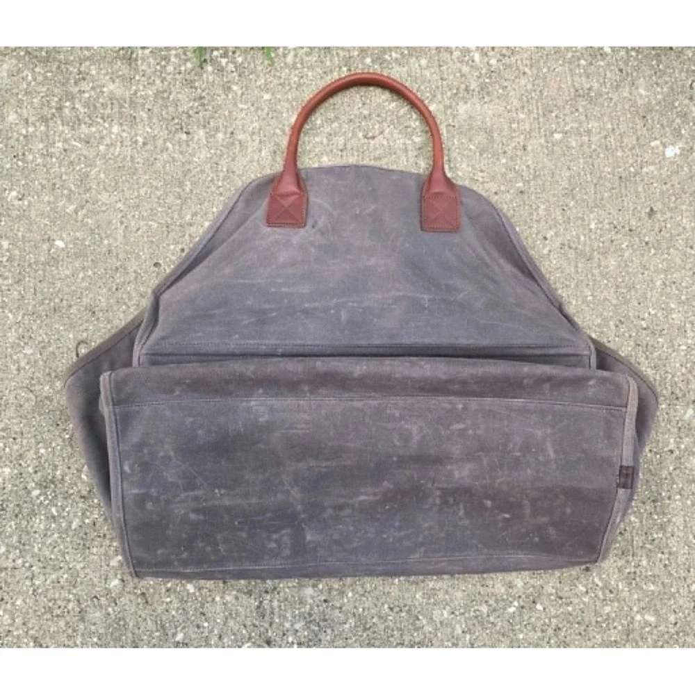 L.L.Bean Waxed Canvas Log Carrier Firewood Tote Leather Handles Brown Wood Carry